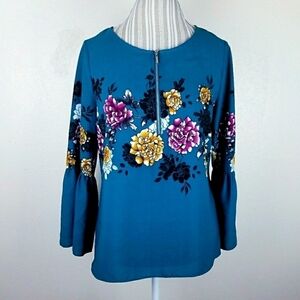 Apt. 9 Bell Sleeve Teal Boho Zipper Floral Top